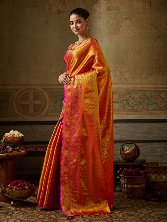 ORANGE Kanchivaram Silk Saree With Blouse Piece