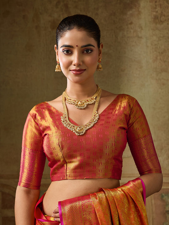ORANGE Kanchivaram Silk Saree With Blouse Piece