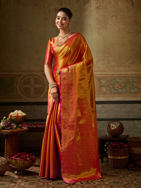 ORANGE Kanchivaram Silk Saree With Blouse Piece