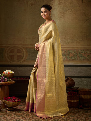 GOLDEN Kanchivaram Silk Saree With Blouse Piece