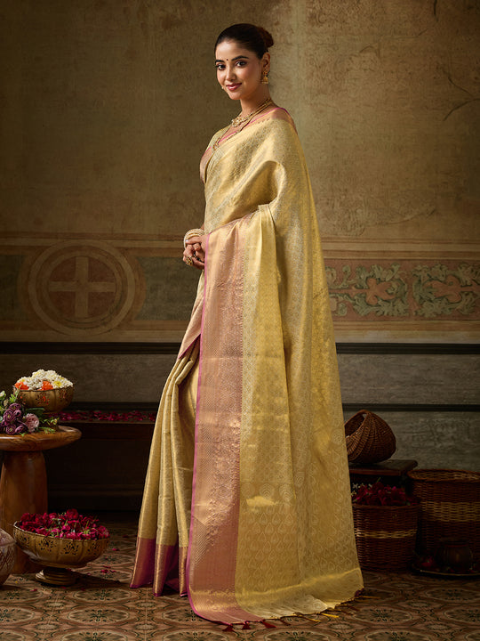 GOLDEN Kanchivaram Silk Saree With Blouse Piece
