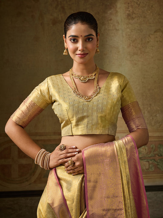 GOLDEN Kanchivaram Silk Saree With Blouse Piece
