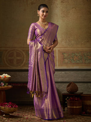 LAVENDER Kanchivaram Silk Saree With Blouse Piece