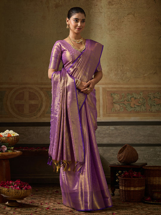 LAVENDER Kanchivaram Silk Saree With Blouse Piece