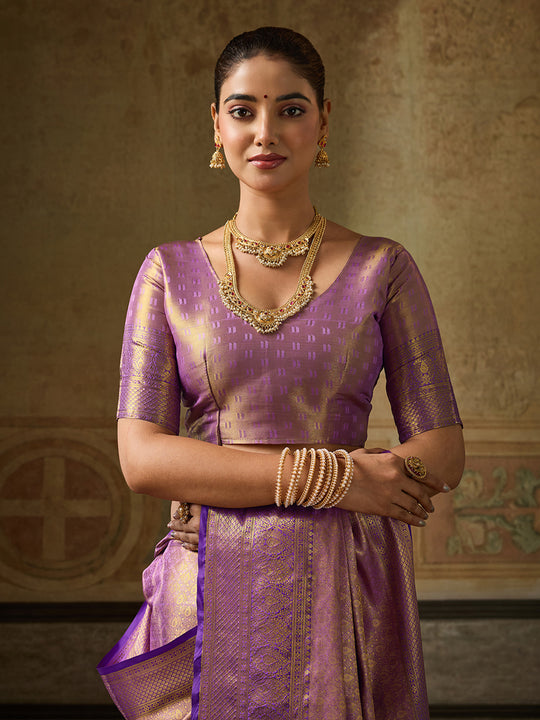 LAVENDER Kanchivaram Silk Saree With Blouse Piece