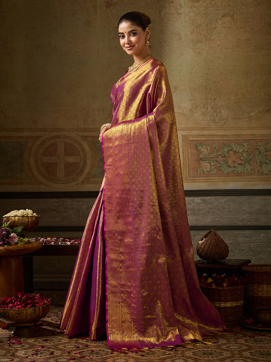 WINE Kanchivaram Silk Saree With Blouse Piece