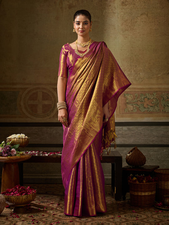 WINE Kanchivaram Silk Saree With Blouse Piece