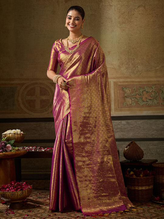 WINE Kanchivaram Silk Saree With Blouse Piece