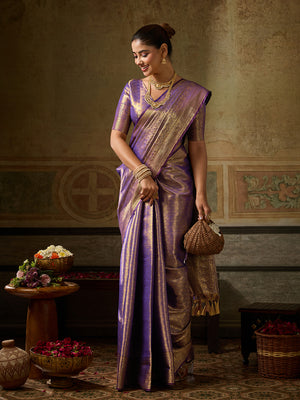 Purple Kanchivaram Silk Saree With Blouse Piece