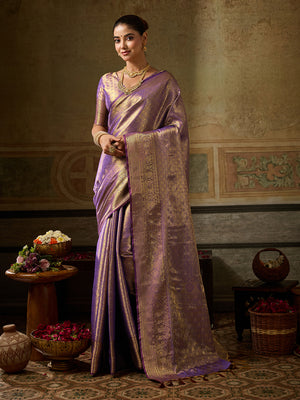 Purple Kanchivaram Silk Saree With Blouse Piece