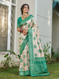 Cream With Sea Green Silk Blend Saree With Blouse Piece