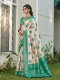 Cream With Sea Green Silk Blend Saree With Blouse Piece