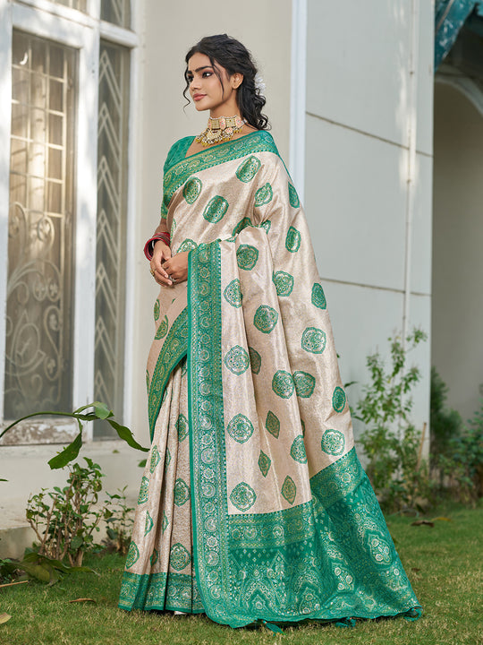 Cream With Sea Green Silk Blend Saree With Blouse Piece