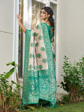 Cream With Sea Green Silk Blend Saree With Blouse Piece