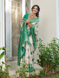 Cream With Sea Green Silk Blend Saree With Blouse Piece