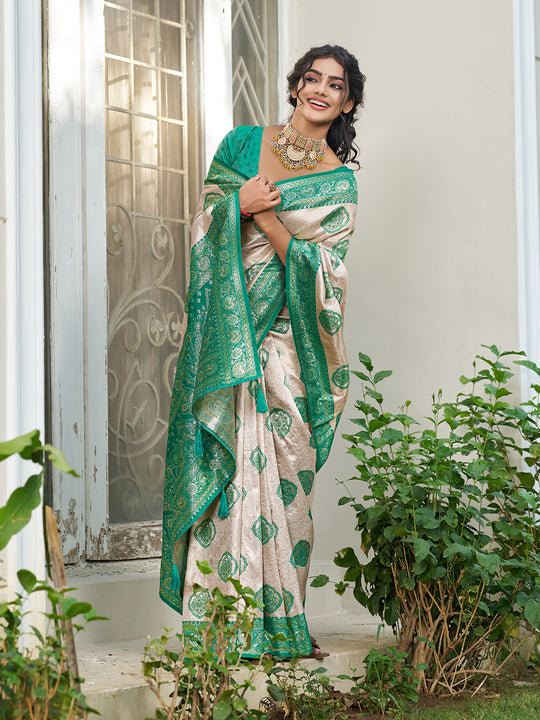 Cream With Sea Green Silk Blend Saree With Blouse Piece