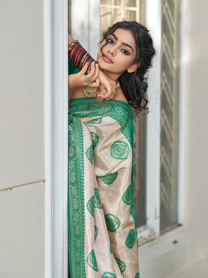 Cream With Sea Green Silk Blend Saree With Blouse Piece