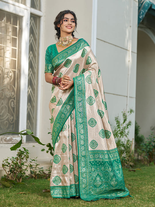 Cream With Sea Green Silk Blend Saree With Blouse Piece