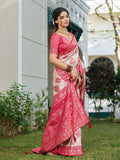 Cream With Red Silk Blend Saree With Blouse Piece