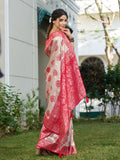 Cream With Red Silk Blend Saree With Blouse Piece