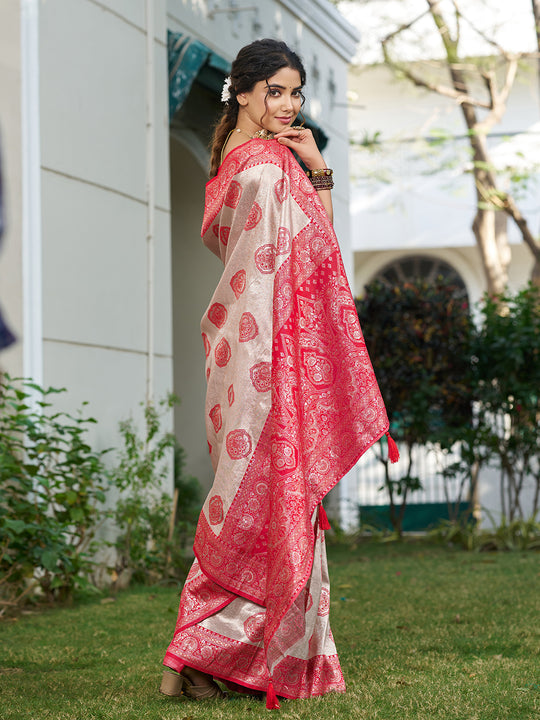Cream With Red Silk Blend Saree With Blouse Piece