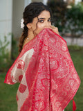 Cream With Red Silk Blend Saree With Blouse Piece