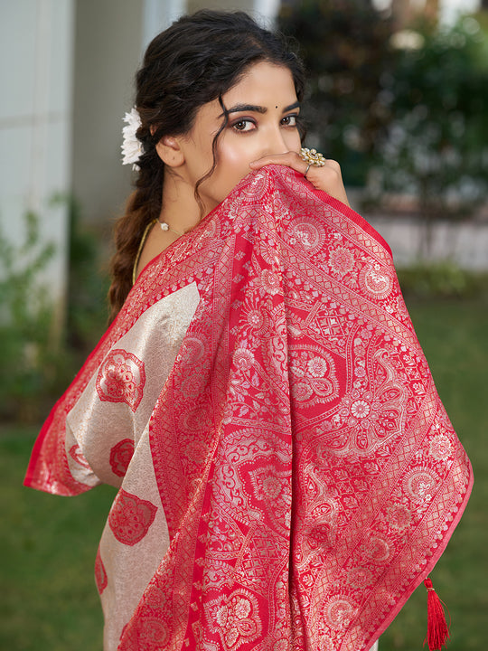 Cream With Red Silk Blend Saree With Blouse Piece