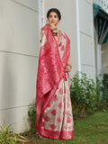 Cream With Red Silk Blend Saree With Blouse Piece