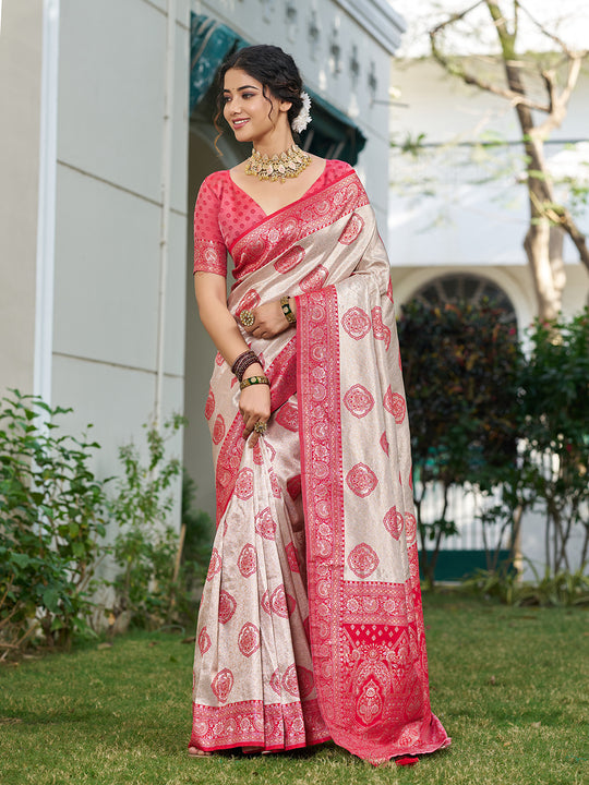 Cream With Red Silk Blend Saree With Blouse Piece