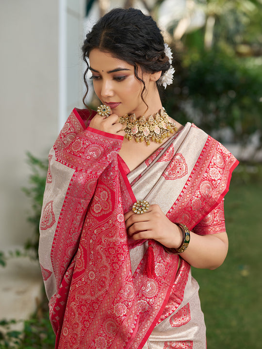 Cream With Red Silk Blend Saree With Blouse Piece