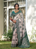 Cream With Dark Green Silk Blend Saree With Blouse Piece