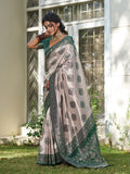 Cream With Dark Green Silk Blend Saree With Blouse Piece