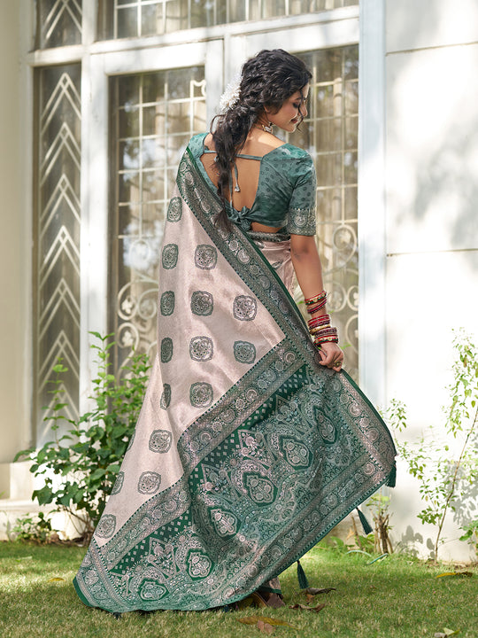 Cream With Dark Green Silk Blend Saree With Blouse Piece