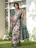 Cream With Dark Green Silk Blend Saree With Blouse Piece