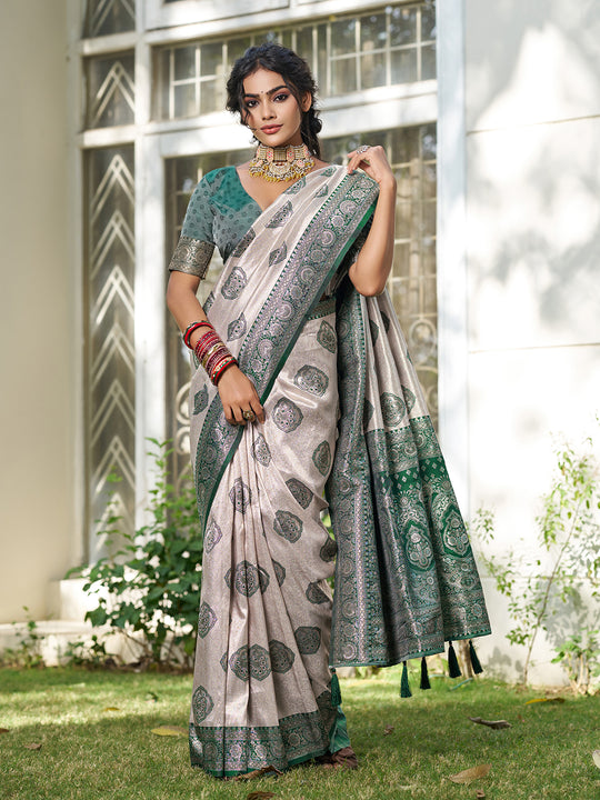 Cream With Dark Green Silk Blend Saree With Blouse Piece