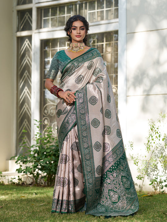 Cream With Dark Green Silk Blend Saree With Blouse Piece