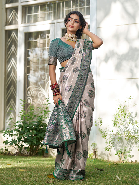 Cream With Dark Green Silk Blend Saree With Blouse Piece
