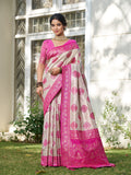 Cream With Pink Silk Blend Saree With Blouse Piece
