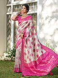 Cream With Pink Silk Blend Saree With Blouse Piece