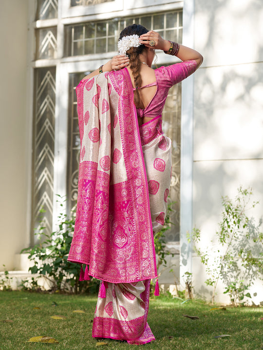 Cream With Pink Silk Blend Saree With Blouse Piece