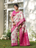 Cream With Pink Silk Blend Saree With Blouse Piece
