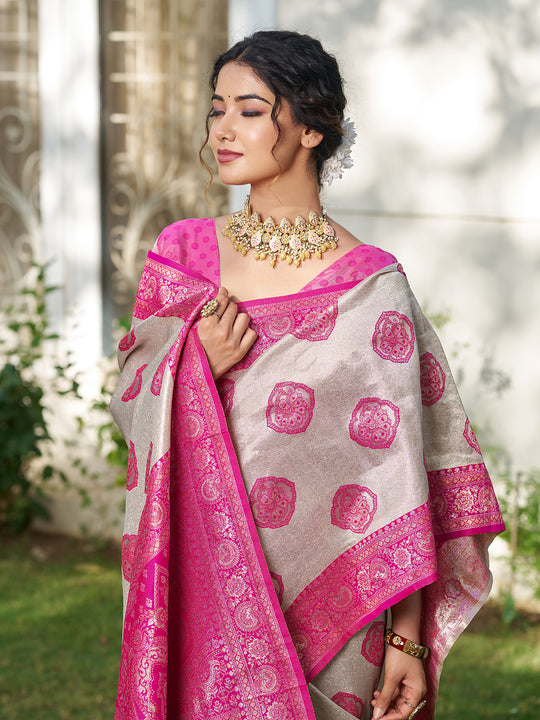 Cream With Pink Silk Blend Saree With Blouse Piece
