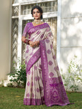 Cream With Purple Silk Blend Saree With Blouse Piece