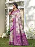 Cream With Purple Silk Blend Saree With Blouse Piece