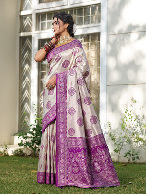 Cream With Purple Silk Blend Saree With Blouse Piece