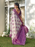 Cream With Purple Silk Blend Saree With Blouse Piece