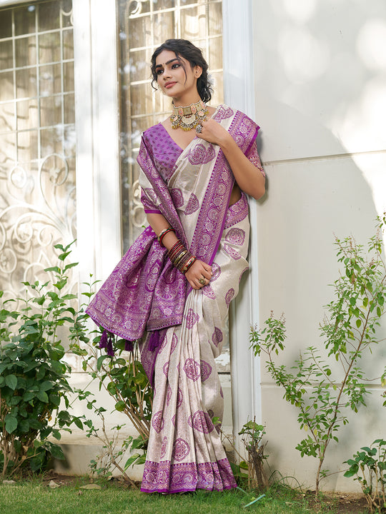 Cream With Purple Silk Blend Saree With Blouse Piece