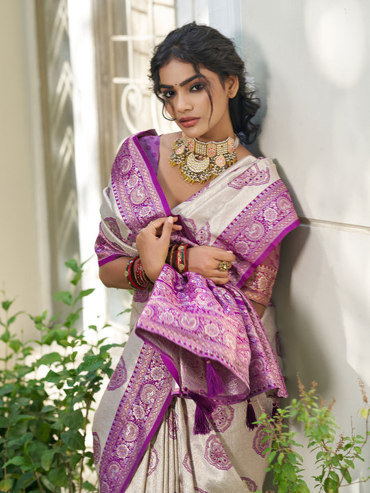 Cream With Purple Silk Blend Saree With Blouse Piece