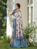 Cream With Blue Silk Blend Saree With Blouse Piece