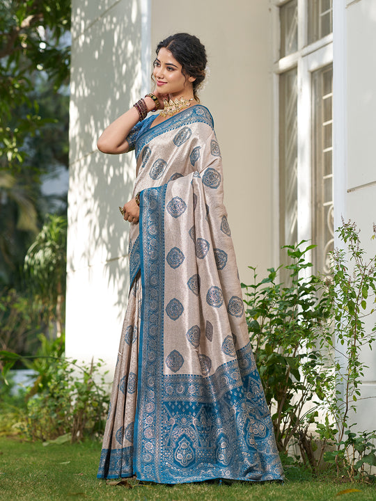 Cream With Blue Silk Blend Saree With Blouse Piece
